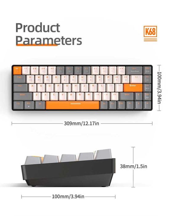 Tastatură mecanică Wireless K68 60%,Bluetooth 5.0/2.4Ghz