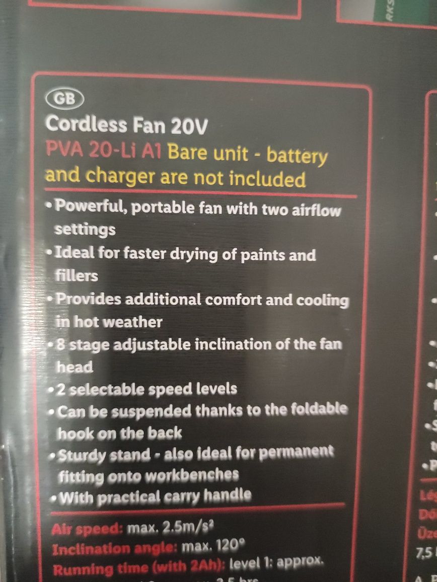 Ventilator pe acumulator baterie 20 V Parkside