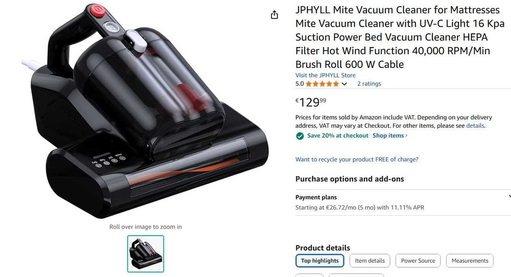 Aspirator de acarieni pentru saltea lumină UV-C Putere  16 Kpa