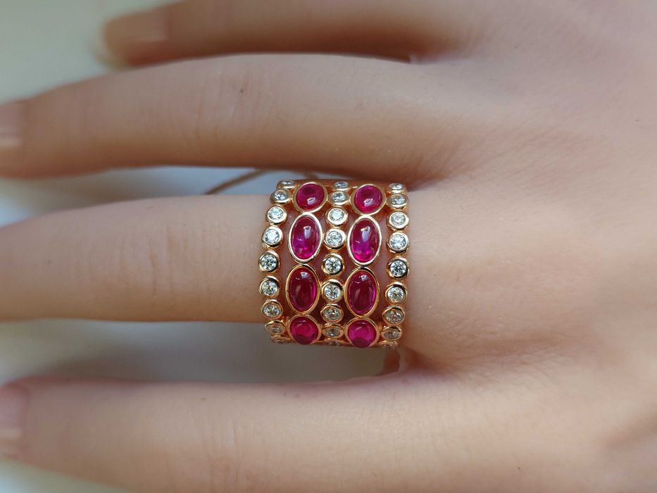 Inel cu rubine cabochon & zirconii — argint 925 rodiat