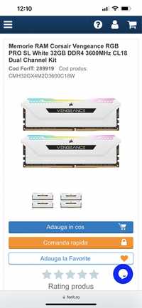 Memorie RAM Corsair Vengeance RGB PRO SL White 32GB DDR4 3600MHz