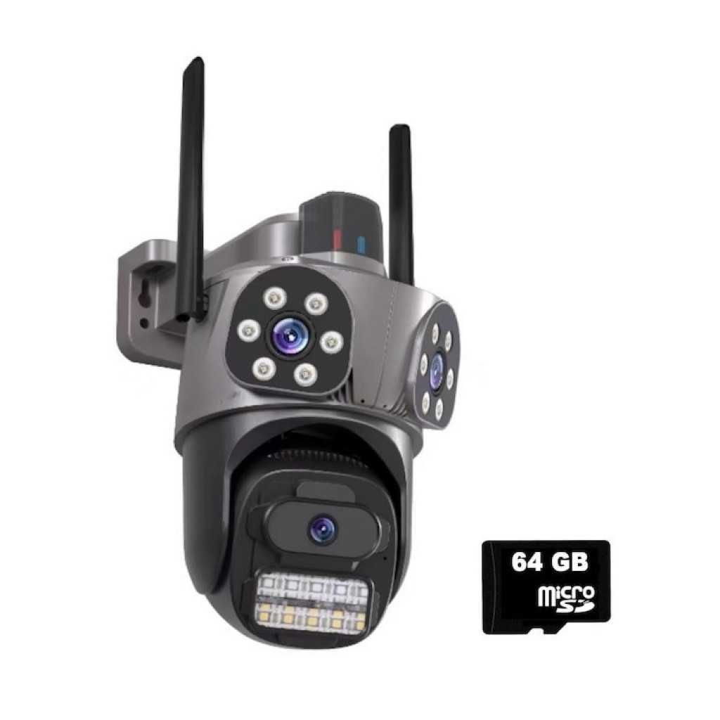 Тройна външна WiFi камера 9MP с три обектива, ICSee + 64GB карта памет