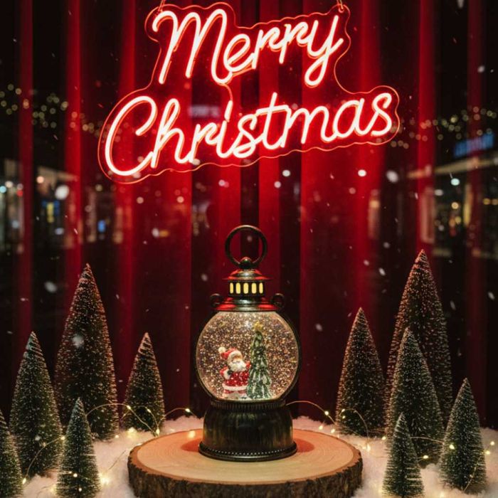 Голям LED коледен фенер с ефект на падащ сняг