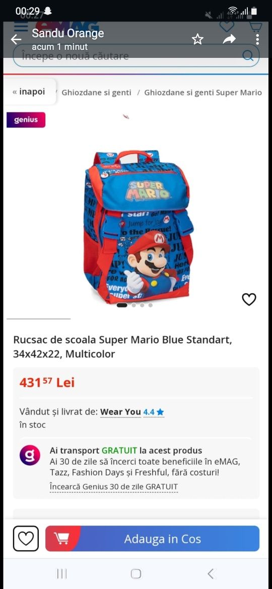 Vând rucsac Super Mario