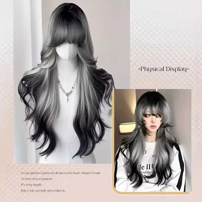 Косплей аниме дълга сребристо сива перука с тъмни краища и бретон