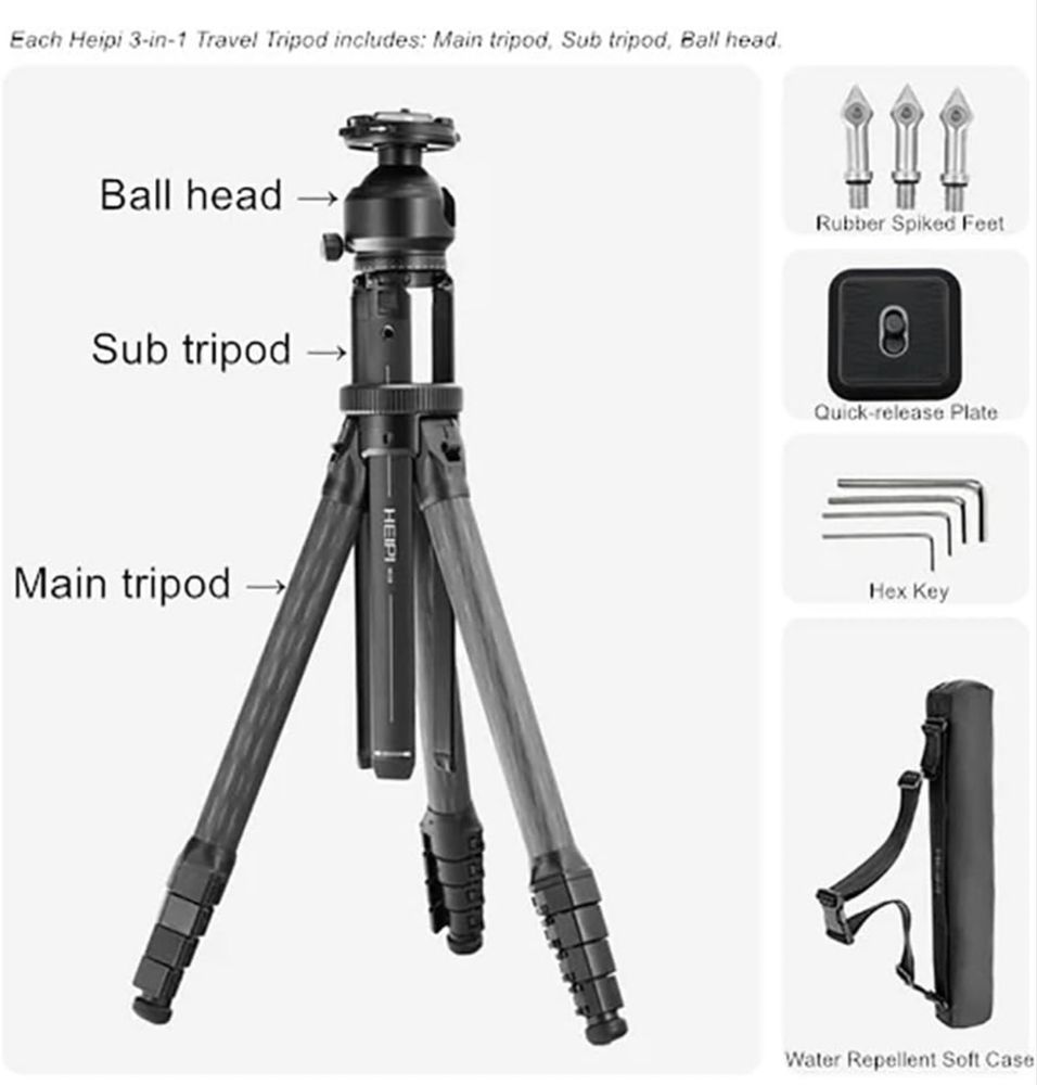 Trepied de carbon Heipi 3-in-1 travel tripod