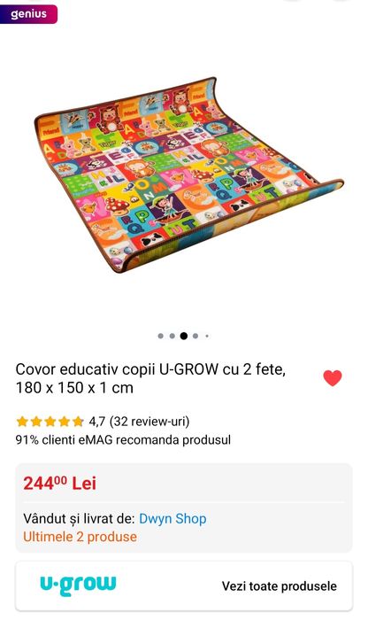 NOU Saltea / Covor educativ copii U-GROW cu 2 fete, 180 x 150 x 1 cm
