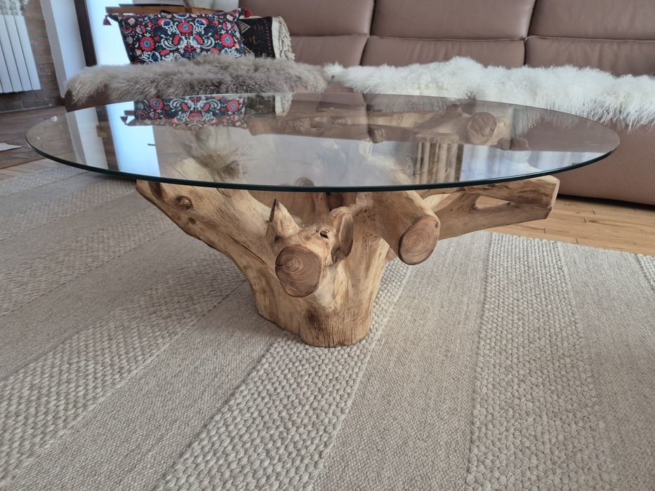 Masa cafea leaving lemn masiv buturuga cioata cu sticla securizata