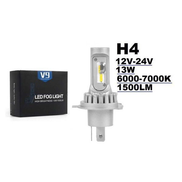 V9 Диодни LED крушки H4 - 13w 1500lm 2бр/к-т БЕЗ ВЕНТИЛАТОР 12v-24v