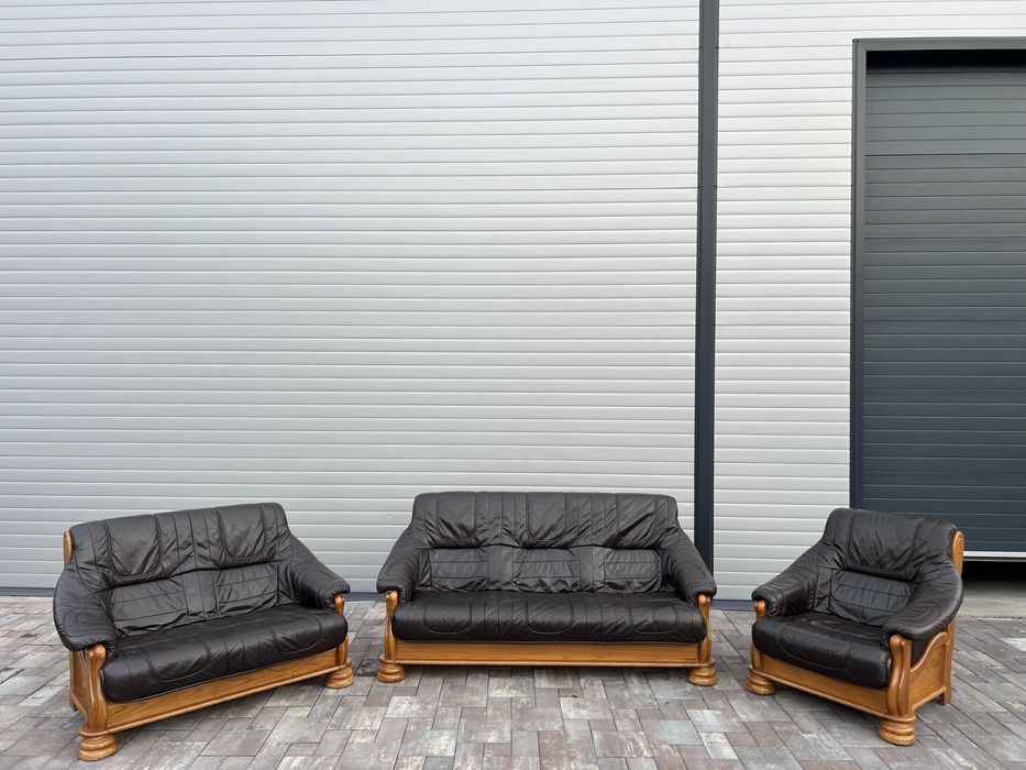 Set canapea canapele 3 - 2 - 1 Lemn Masiv + PIELE Naturala Rustic