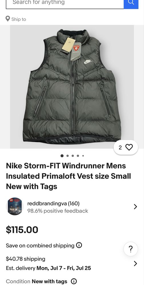Nike Storm-FIT Windrunner Mens Insulated Primaloft Vest size Small