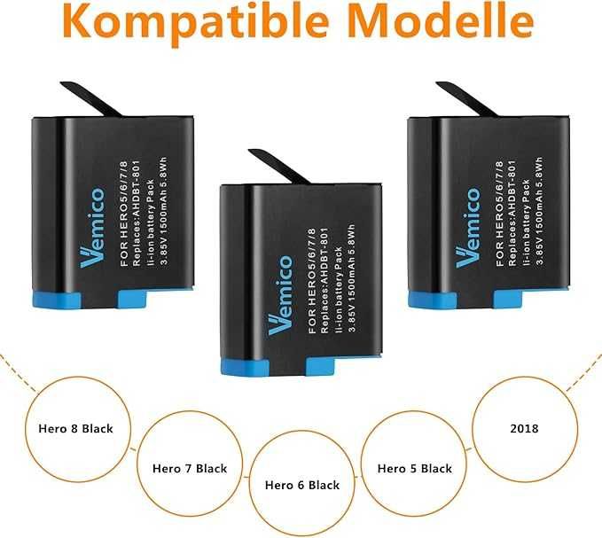 Комплект зарядни устройства Vemico Hero 8 и  3 броя батерии, 1500 mAh
