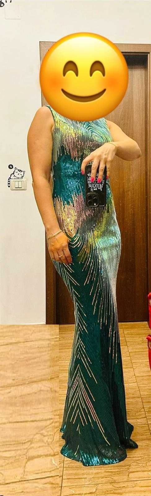 Rochie verde colorata, tip sirena, paiete, lunga, 38