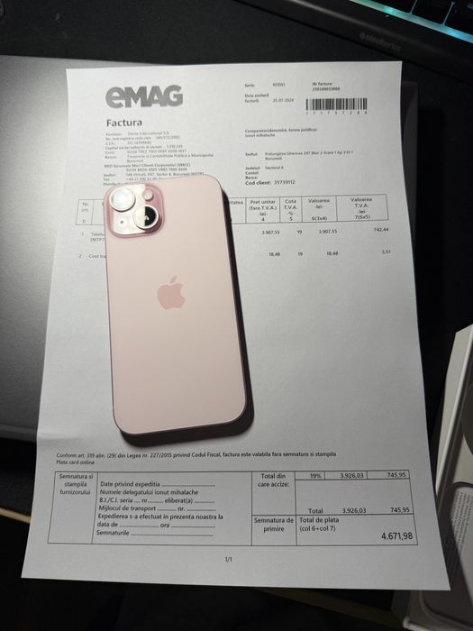 iPhone 15 Roz 256GB Factura Garantie pret fix