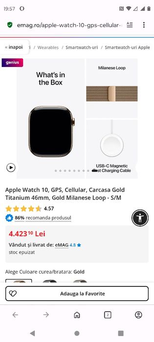 Apple Watch 10, GPS, Cellular, Carcasa Gold Titanium 46mm, Gold Milane