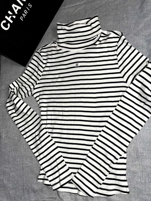 поло блуза яка рае черно бяла черна бяла шанел дълъг ръкав chanel