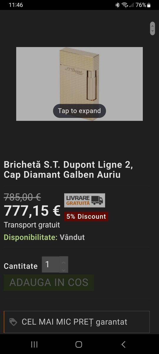 Brichetă S.T. Dupont Ligne 2 16284 Din Diamant Fin, Galben Auriu