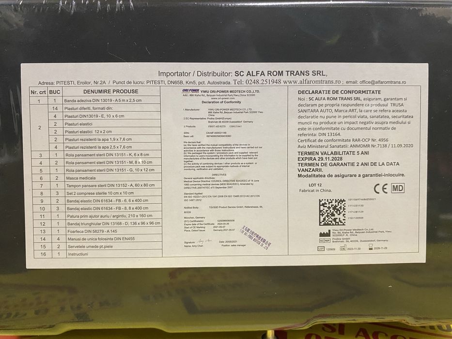 Trusa medicala auto sigilata valabila 02 2030 omologata autorizata RAR