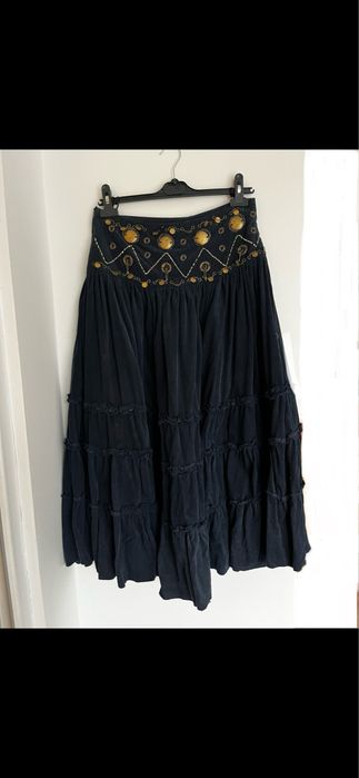 Fusta midi/lunga catifea albastru inchis decorat în jurul taliei