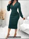 Ruched Surplice Neck Bodycon Dress, Elegant Long Sleeve Collared Solid