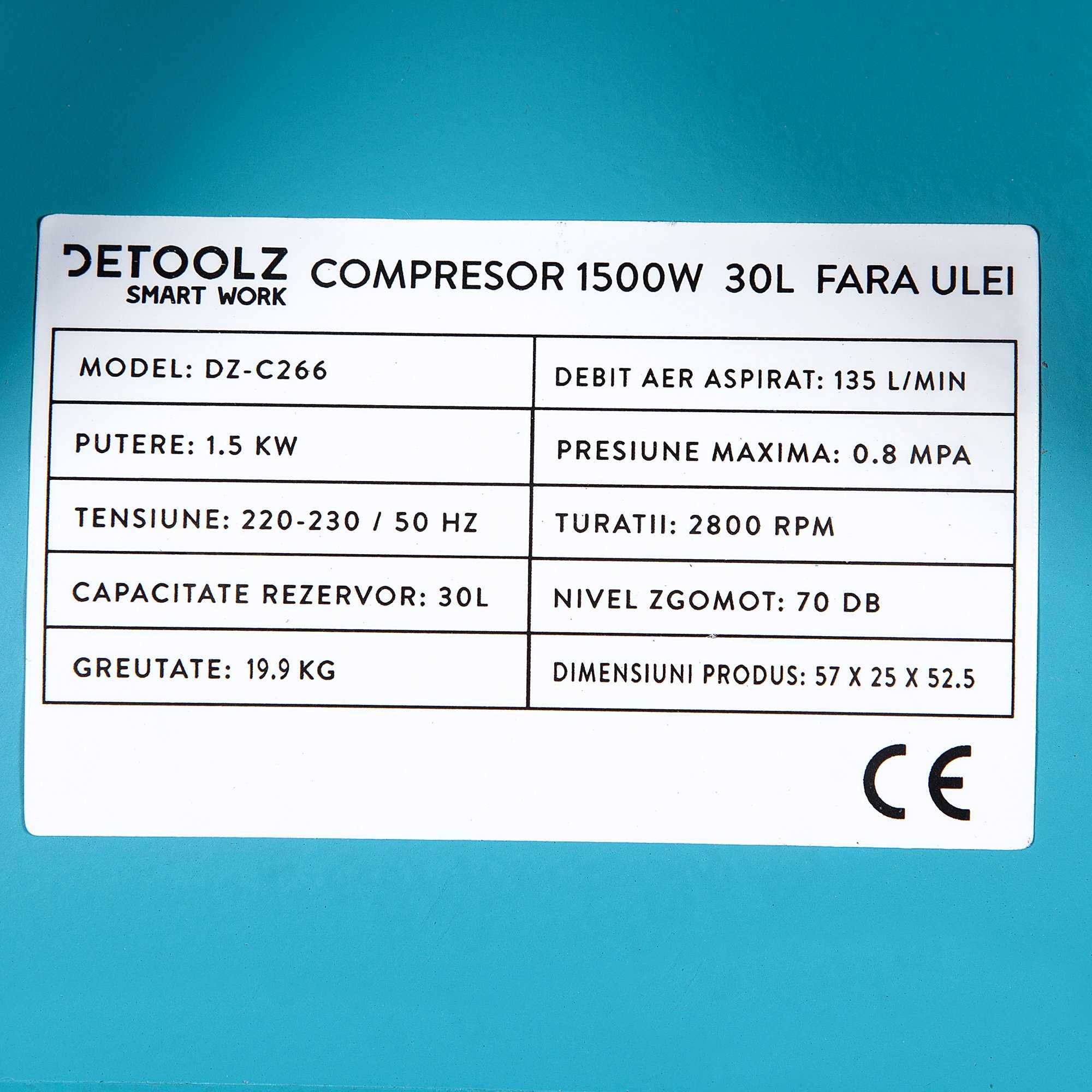 Compresor de aer fara ulei Detoolz DZ-C266 1500W, 30L Garanie