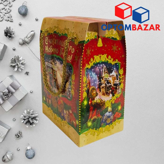 Yangi yil sovg'a qutisi Qizil rangli, archa va sovg'alar.