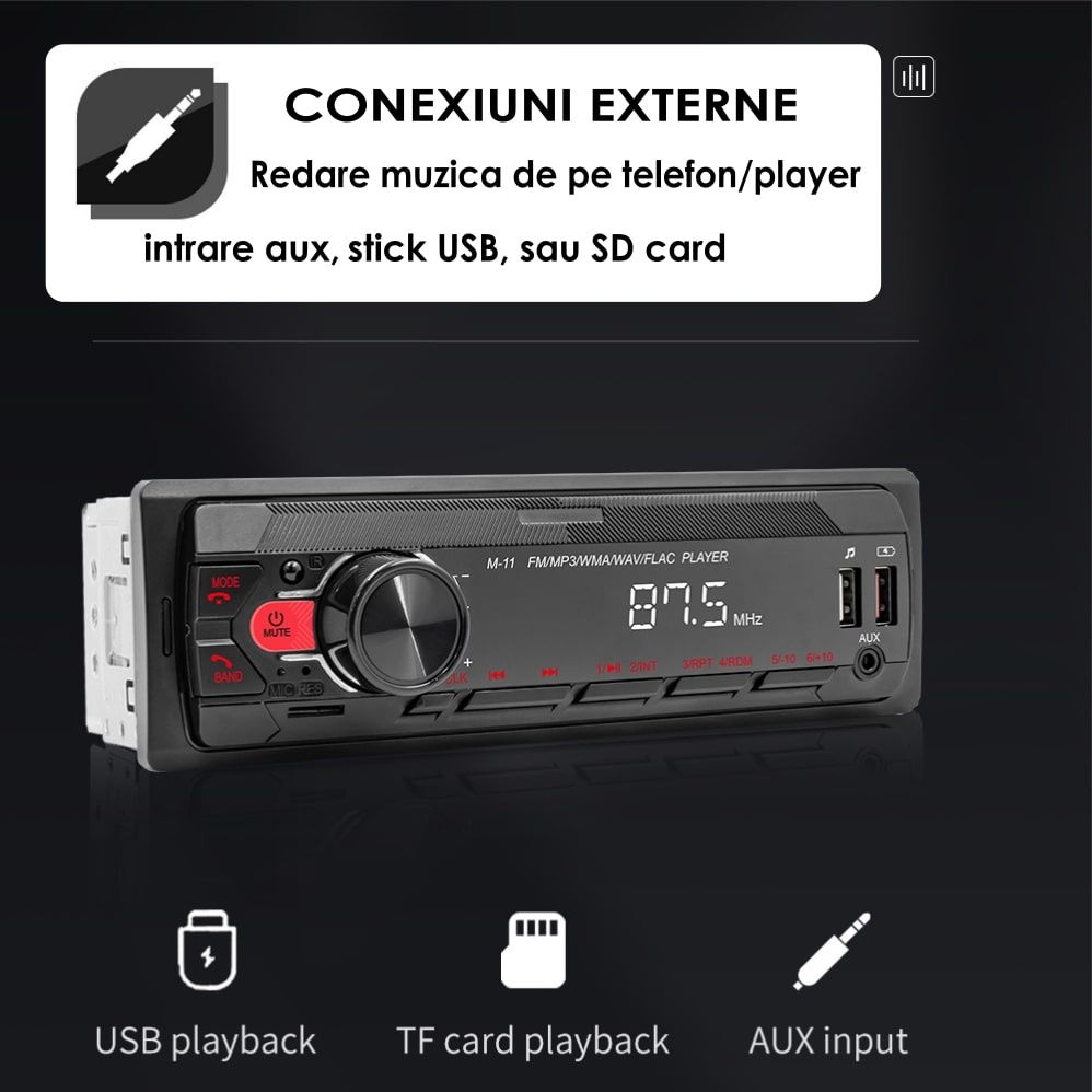 Radio Casetofon MP3 Player auto 1DIN, USB, Bluetooth 5.0