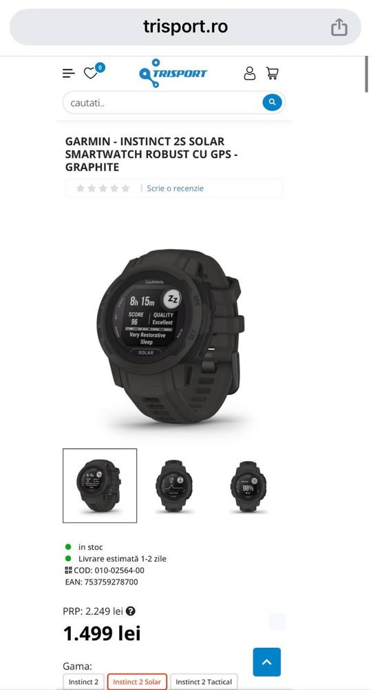 Smartwatch Garmin Instinct 2S Solar GPS Graphite Nou Transport Inclus