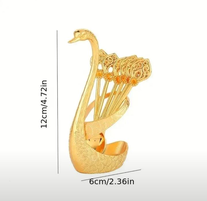 Золотистый декоративный набор лебедь подставка и 6 ложек