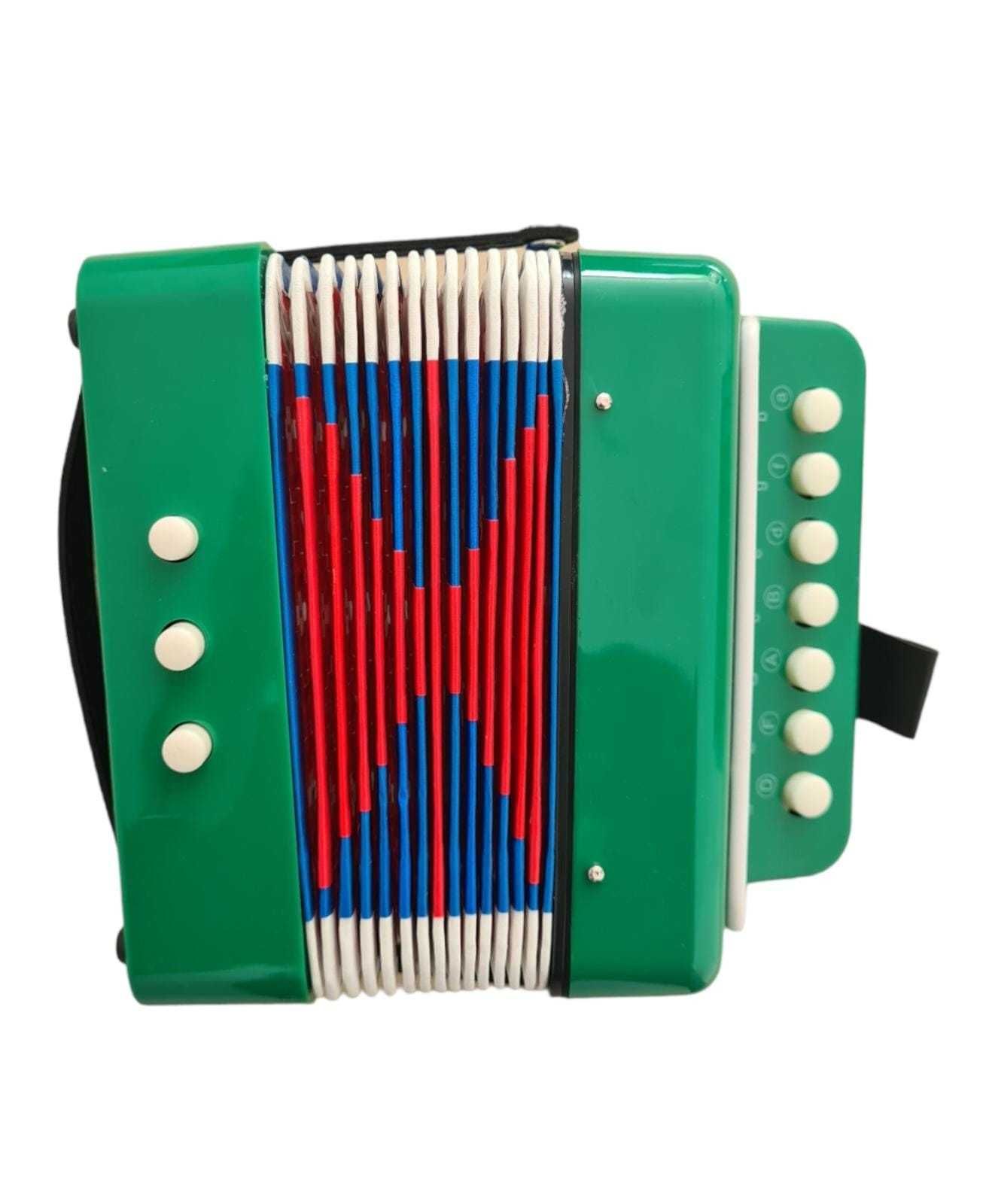 Acordeon pentru copii, 7 clape, 3 basi, 19 cm x 18 cm x 11 cm, Verde