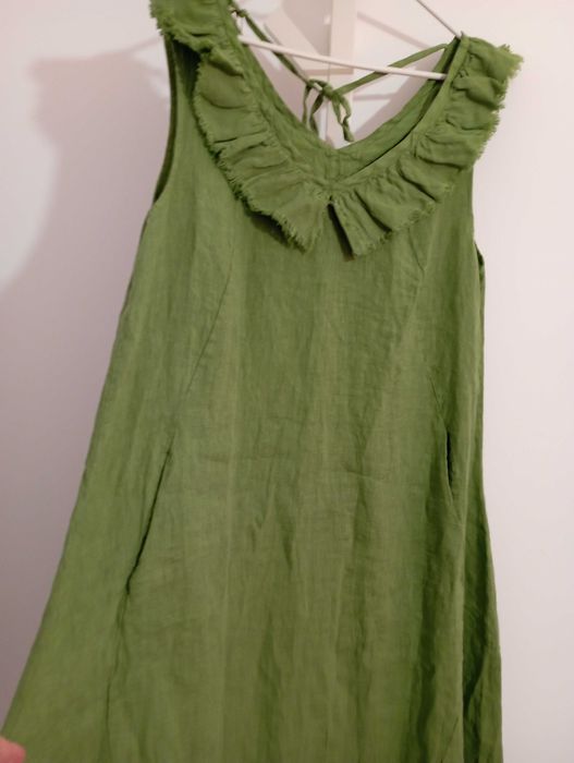 Дълга, зелена, ленена рокля. 100% лен. Нова!