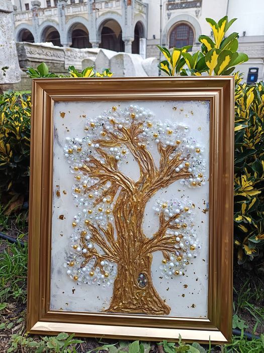 Tablou 3D, copac, foita de aur, rasina epoxidica