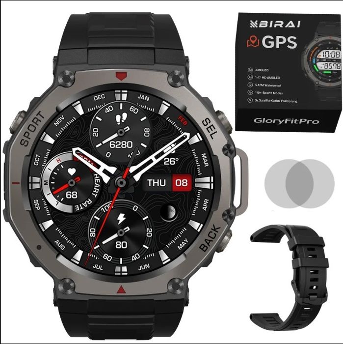 Smartwatch Bărbați GloryFitPro BIRAI®, AMOLED 1.43″, GPS, Nou, Negru
