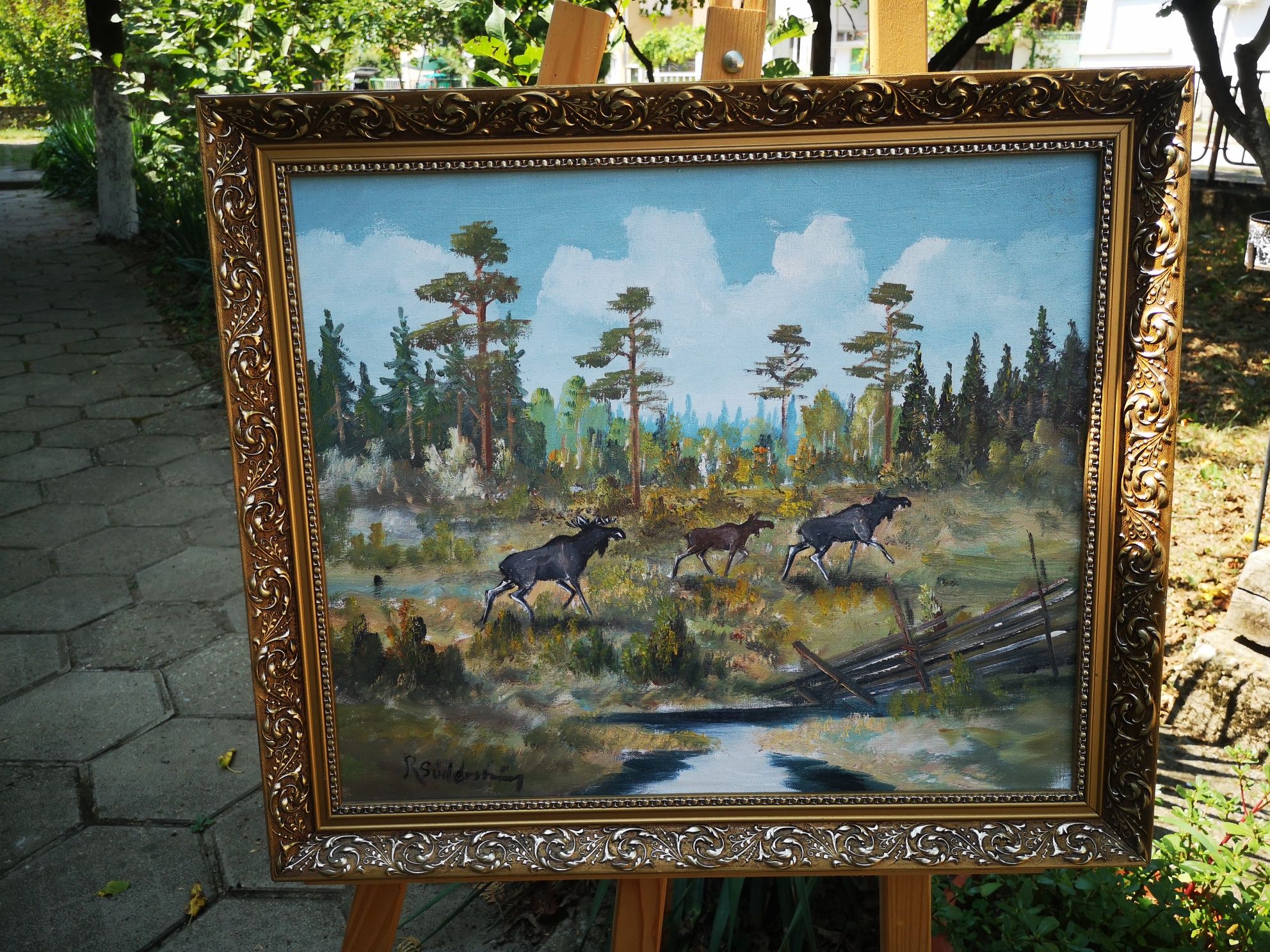 Стара ловна авторска картина рисувана с маслени бои върху платно