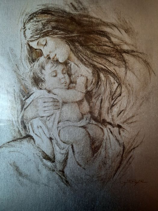 Litografie tânără cu copil în brate (posibil Fecioara Maria)