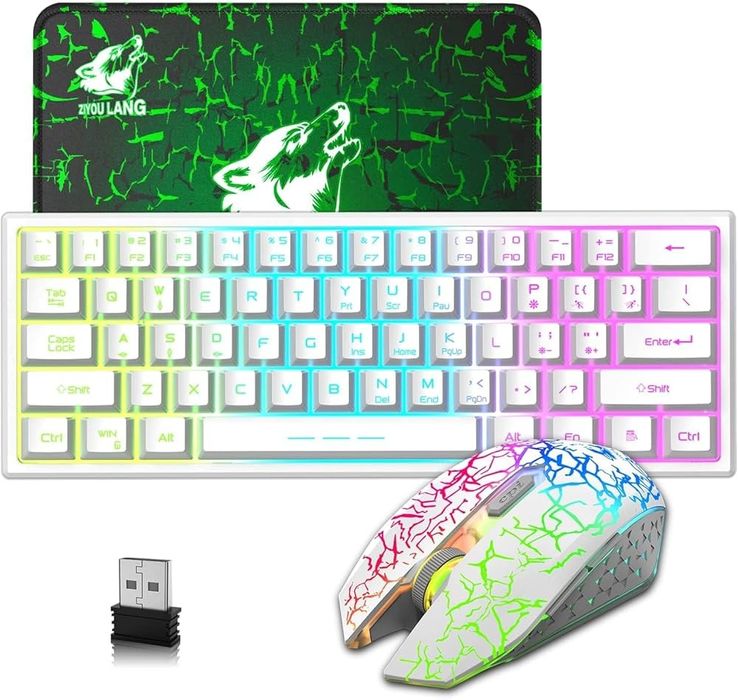 Set tastatură și mouse wireless cu iluminare curcubeu, 61 de taste, 38