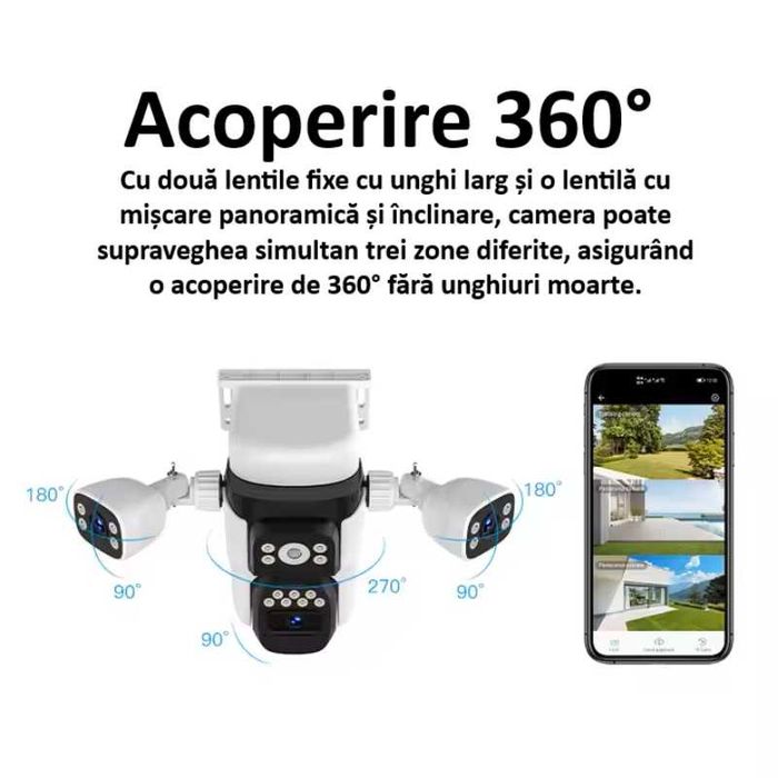Camera Supraveghere cu SIM 4G, 3 Lentile, Solara, baterie de 8000mAh