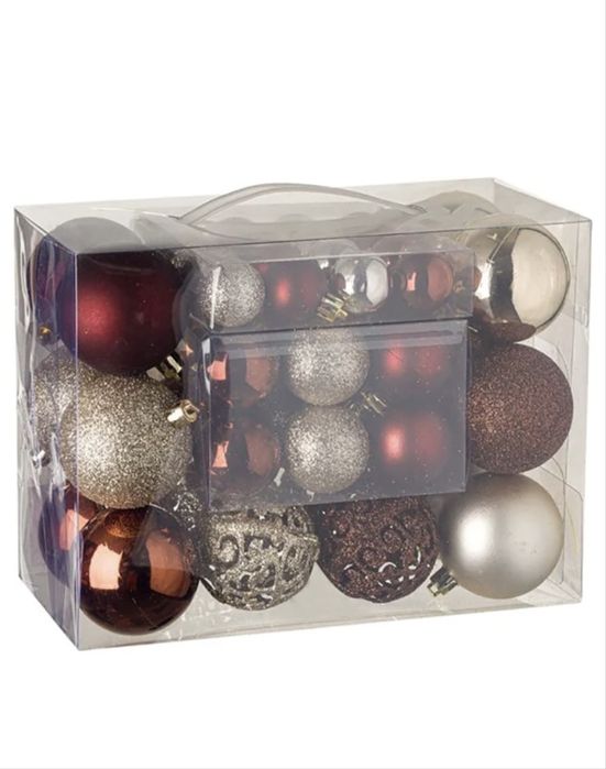 Комплект коледни топки, 50 броя, 3 размера, Мат, Блестящ, Перфориран