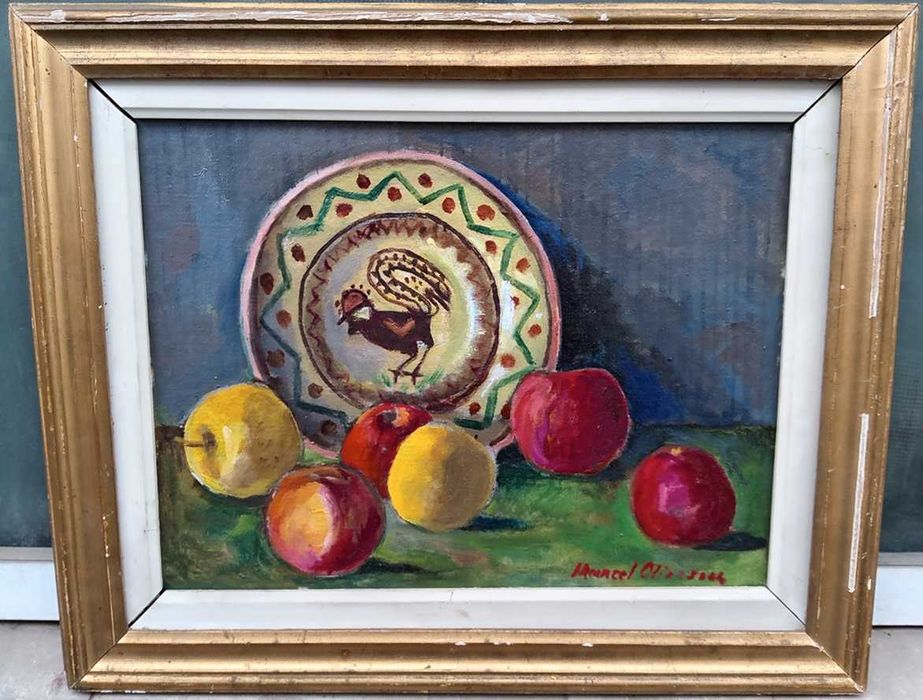 Tablou vechi - natura statica cu mere - semnat Marcel Olinescu