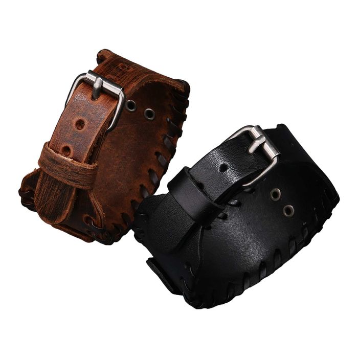 Bratara de piele pentru barbati  cu gravura in metal - cap de lup