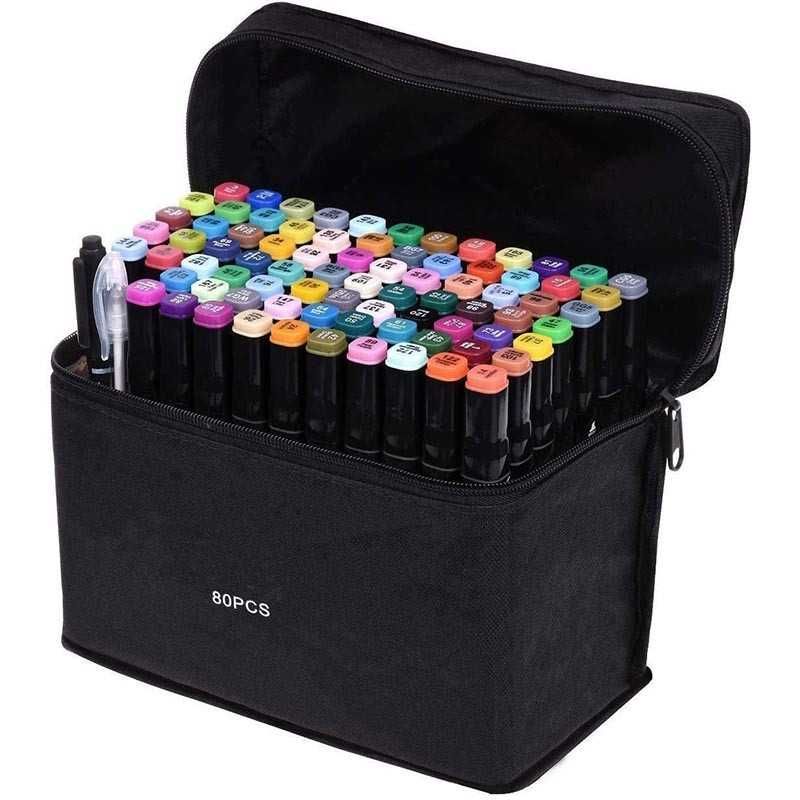 Set 80 carioci cu varf dublu, culori diverse, geanta depozitare