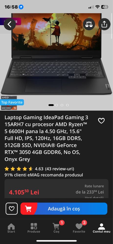 Laptop gaming lenovo in garantie rtx3050 ryzen 5 6600h 16 ram ddr5