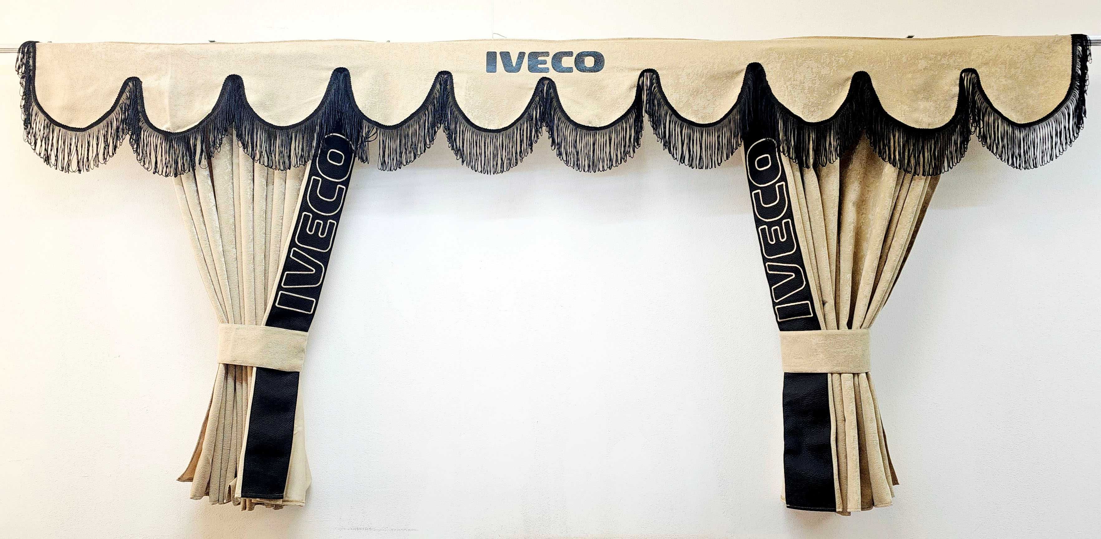 Бежови пердета за камиони IVECO с кожена лента+кукички холандско чело