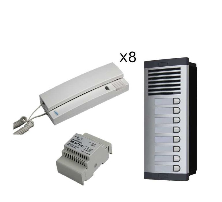 Домофонен комплект за 8 апартамента, система с 8 бутона и 8 домофона