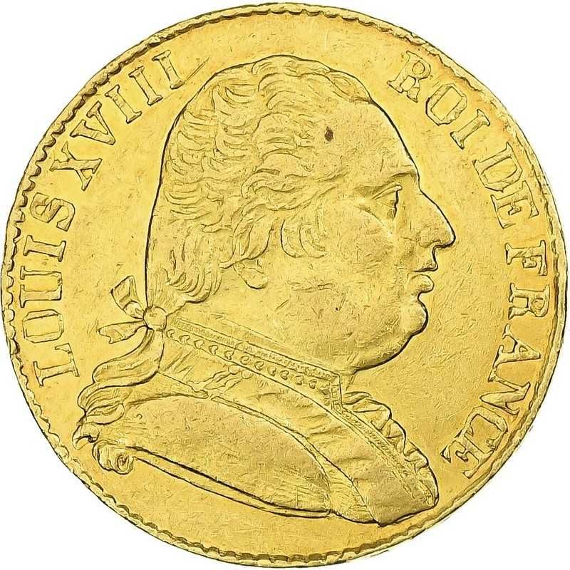 Moneda istorica din Aur - 20 franci Louis XVIII Franta 6.45 g