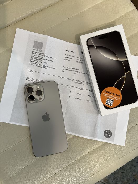 Apple iPhone 16 Pro Max, 256GB, 5G, Natural Titanium + Factura Orange