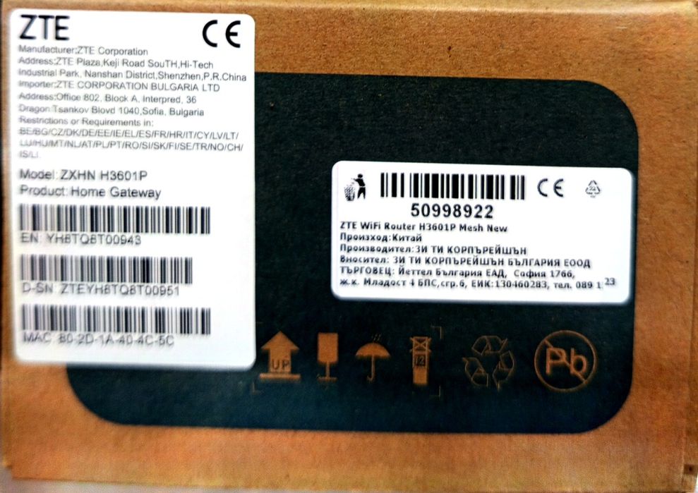 Чисто нов рутер ZTE ZXHN H3601p