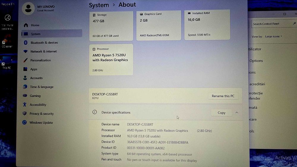 Laptop Lenovo Lenovo V15 G4 AMN cu procesor AMD Ryzen™ 5 7520U