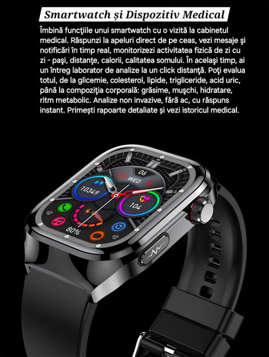 Ceas Smartwatch Medical: glicemie, colesterol, EKG, lipide, termometru