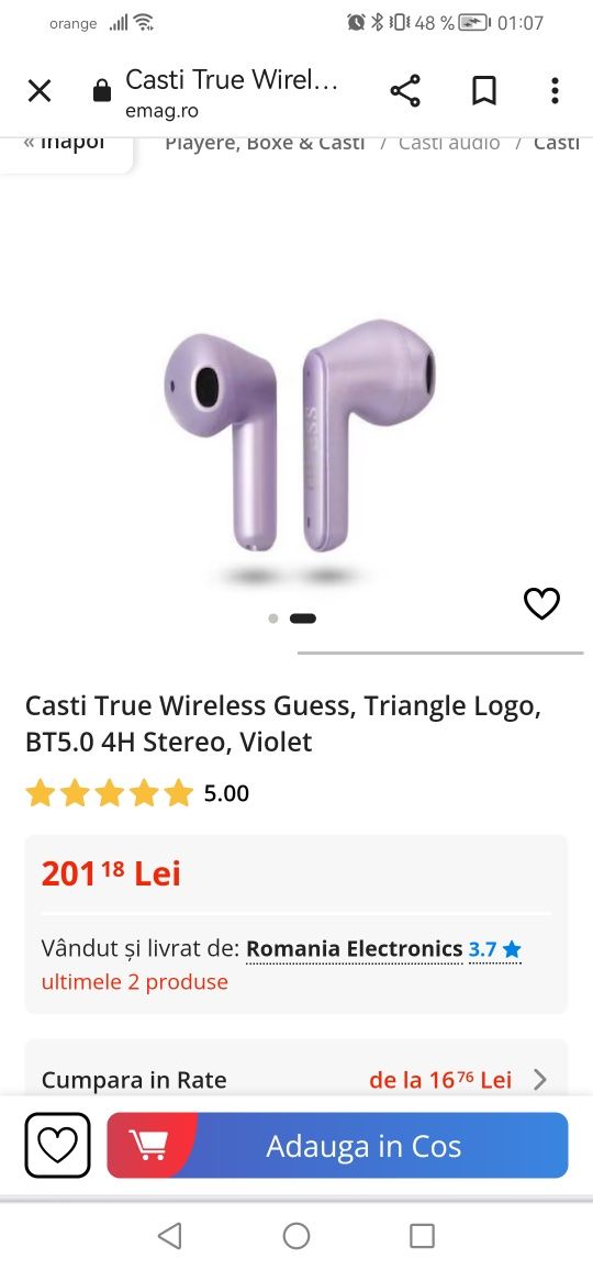 Casti True Wireless Guess, Triangle Logo, BT5.0 4H Stereo, Violet, noi